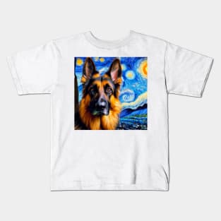 German Shepherd Starry Night Painting - Blue Contrast Kids T-Shirt